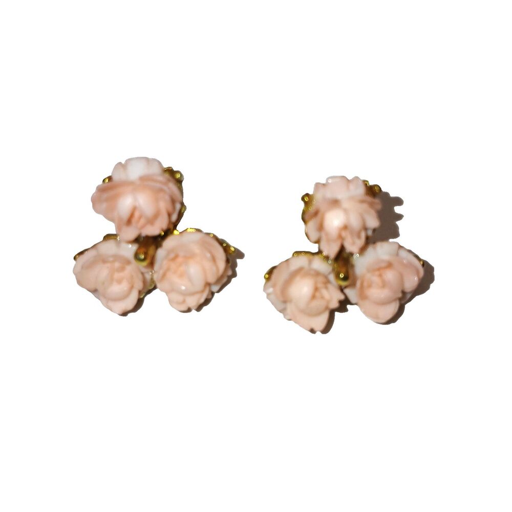 Vtg Cellini 14 Kt. Gold Filled Pierced Earrings Faux Pink Coral Roses Carved?